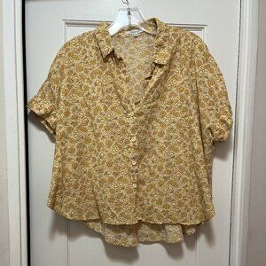 Madewell Yellow Floral Print Short Sleeve Button-Down Shirt | Size Large